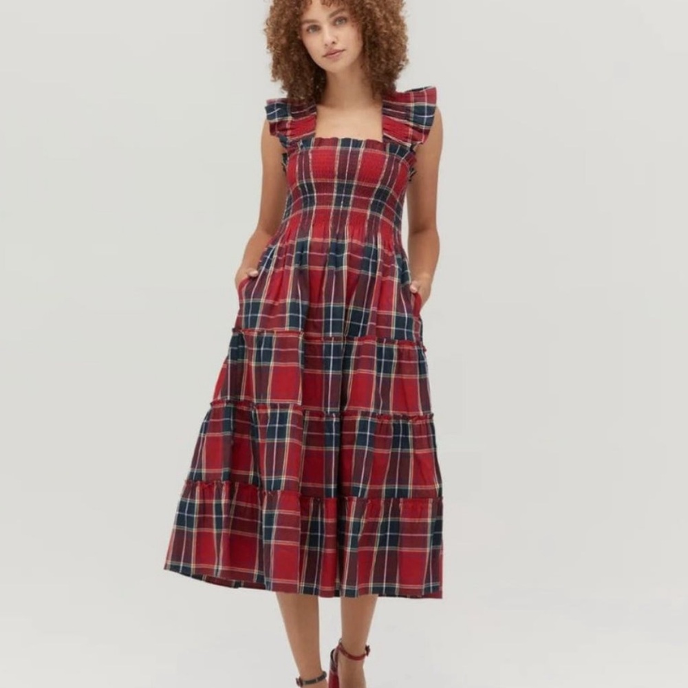 Hill House Red Plaid Midi Dress with Navy and White - Picture 1 of 9